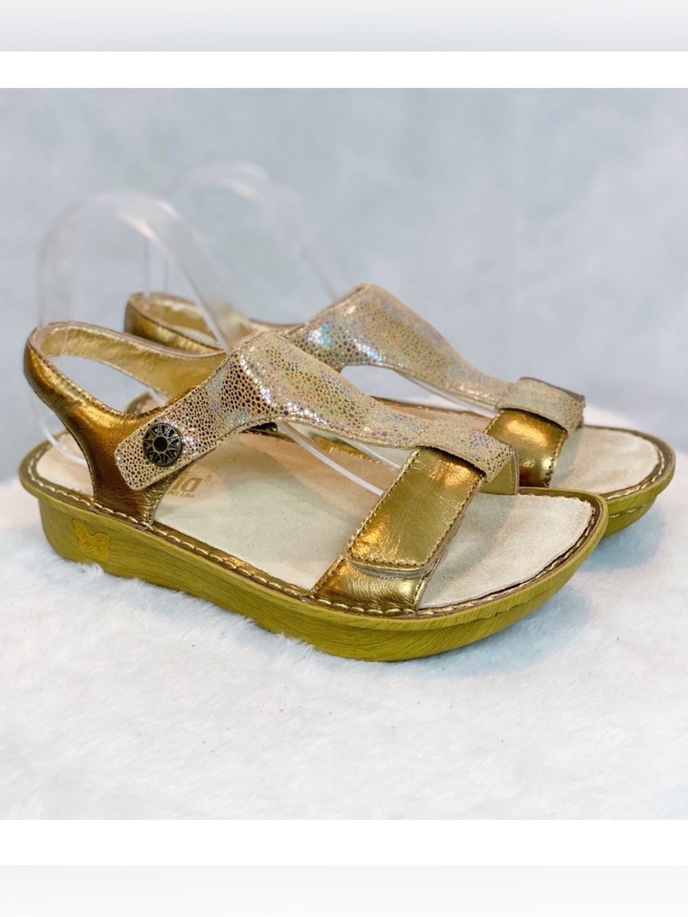 Alegría “Kendra”  Prismatic Gold Leather Hook& Loop T-Strap Sandals | EU 39/8.5